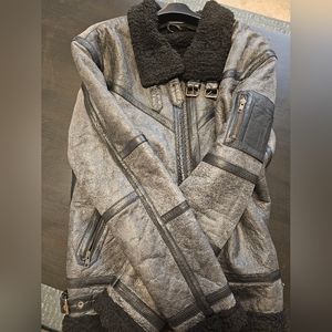 Maher Leather Grey Sheepskin Bomber jacket faux shearling "M" till 9/24-ONLY